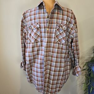 Timberland Collared Button-Up Shirt, Plaid Orange, Blue, Taupe. Medium